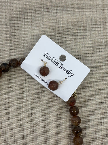 NECKLACE & EARRING SET BEADED SHORT BROWN