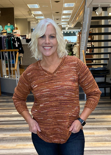 SWEATER *PETITE* SPACE DYE V NECK ROUND HEM 2 COLORS