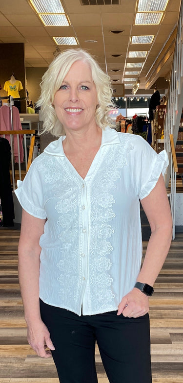 TOP *MISSY* COBALT IVORY BTN FRNT AF CROCHET RUFF