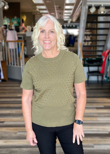 TOP *MISSY* TEXTURED KNIT STUDDED SHOULDER SHORT SLEEVE 2 COLORS