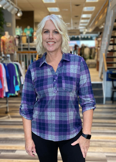 SHIRT *MISSY* CINCH SLEEVE POLO PLAID