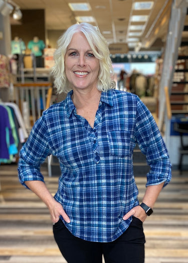 SHIRT *MISSY* CINCH SLEEVE POLO PLAID