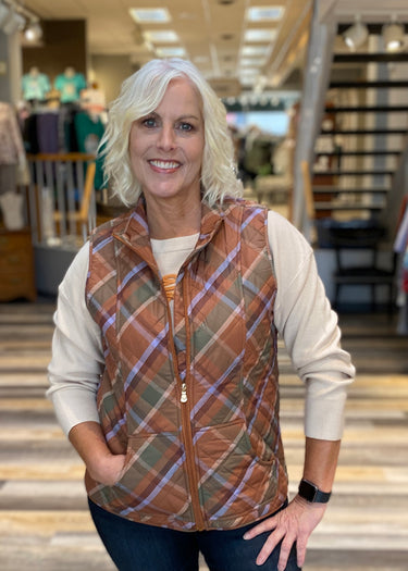 VEST *MISSY* PLAID ZIP FRONT W/POCKETS 3 COLORS
