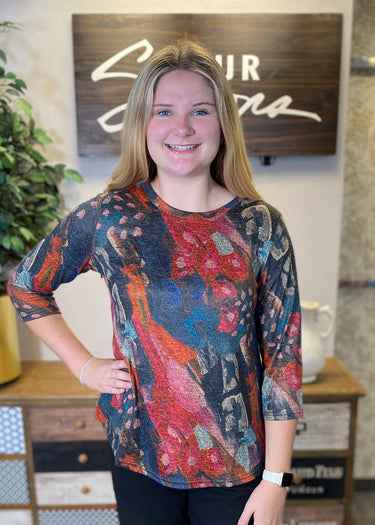 TOP *MISSY* HACCI ASSORTED PRINTS 3/4 SLEEVE 4 COLORS