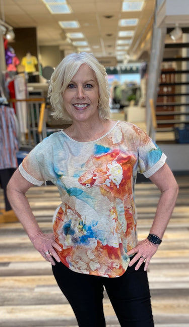 TOP *MISSY* PAPER PRINT DOLMAN SHORT SLEEVE