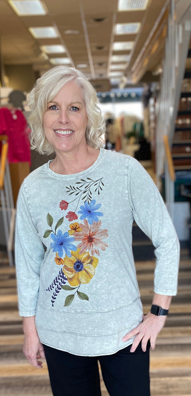 TOP *MISSY* ACID WASH CREW NECK PRINT 3/4 SLEEVE