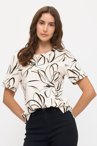 TOP *MISSY* IVORY BLACK TAUPE ABSTRACT CREPE