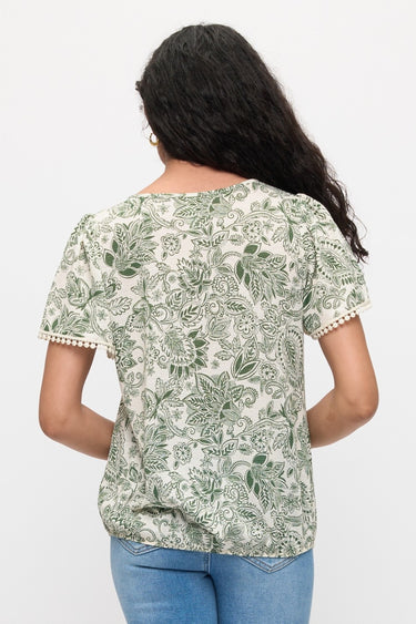 TOP *MISSY* IVORY GREEN POM POM CROCHET