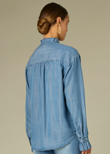 TOP  *MISSY* MID BLUE LONG SLEEVE RUFFLE COLLAR BUTTON DOWN