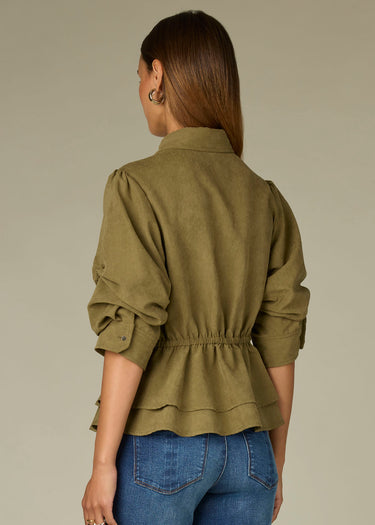 TOP *MISSY* FOREST MOSS PLEATED SLEEVE BUTTON DOWN