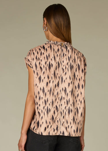 TOP *MISSY* CARAMEL CHARCOAL RUFFLE NECK PRINTED VELVET