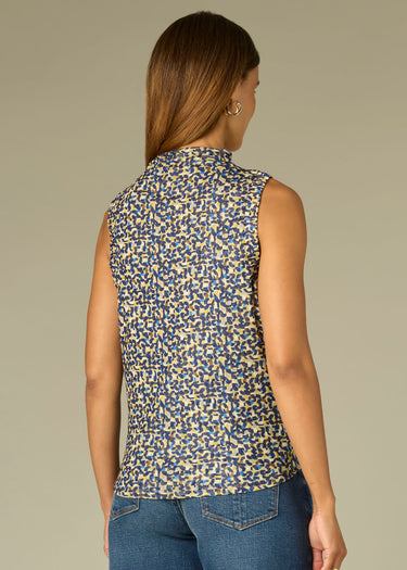 TOP *MISSY* NAVY CHARTREUSE SLEEVELESS MOCK NECK PRINTED