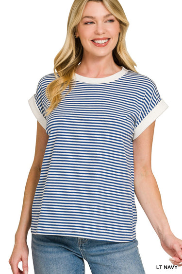 TOP *MISSY* STRIPE CONTRAST TRIM S/S 6 COLORS