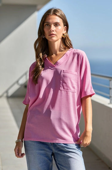 TOP *MISSY* 2 TONE WAFFLE W/POCKET SHORT SLEEVE