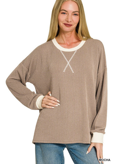 TOP *MISSY* RAISED RIB PULLOVER LONG SLEEVE 4 COLORS