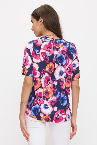 SHIRT *MISSY* NAVY FUCHSIA ORANGE FLRAL RUFFLE NCK