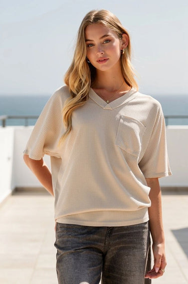 TOP *MISSY* 2 TONE WAFFLE W/POCKET SHORT SLEEVE