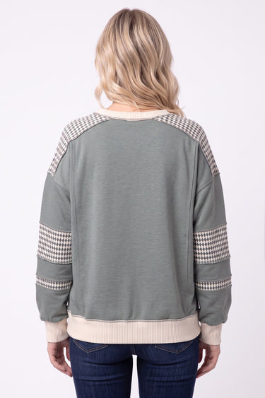 TOP *MISSY* OLIVE COLORBLOCK HOUNDSTOOTH