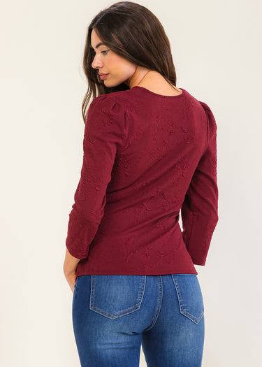 SHIRT *MISSY* BURGANDY FLORAL TEXTURE EMBOSSED