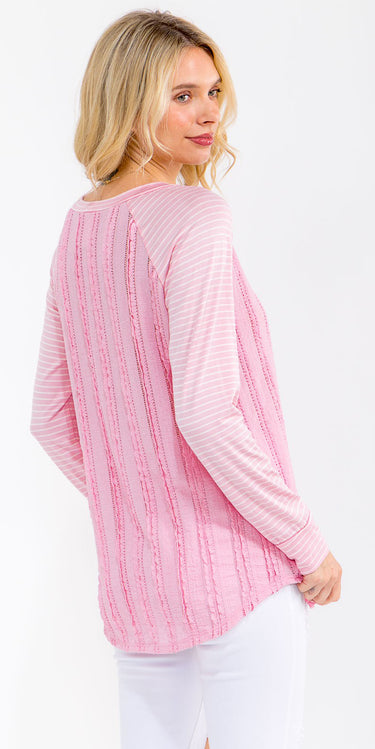 TOP *MISSY* PINK STRIPED RAGLAN TEXTURED