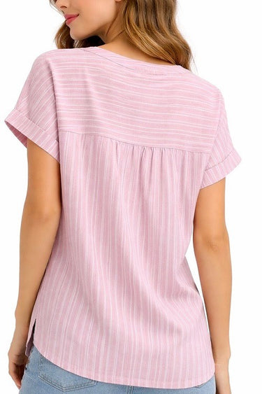 TOP *MISSY* STRIPED WVN NTCHNK SS 2 COLORS