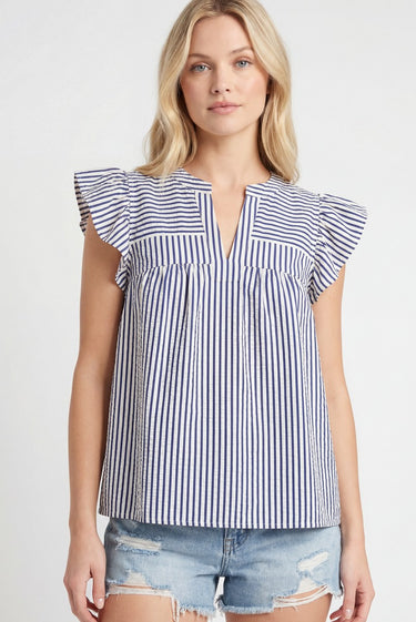 TOP MISSY Y SPLIT NECK RUFFLE CAP SLEEVE