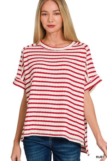 TOP *MISSY* STRIPE JACQ BOX SS