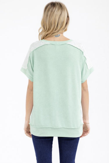 TOP *MISSY* SAGE LACE PANEL SHORT SLEEVE