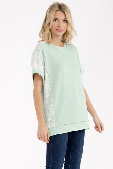 TOP *MISSY* SAGE LACE PANEL SHORT SLEEVE