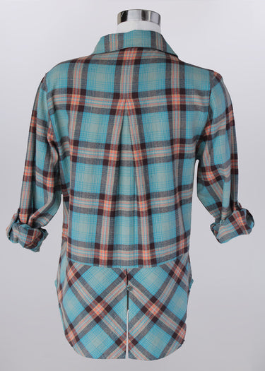 SHIRT *PLUS* TURQUOISE MULTI PLAID BK BTTN DTL LS