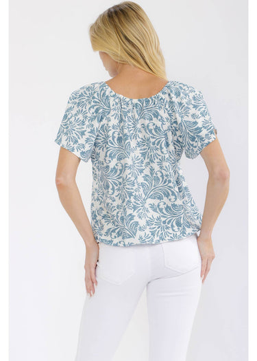 TOP *MISSY* IVORY TEAL BUBBLE HEM PEASANT