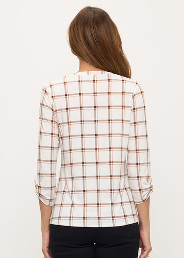 TOP *MISSY* IVORY MULTI PLAID ZIPPER ROLL TAB