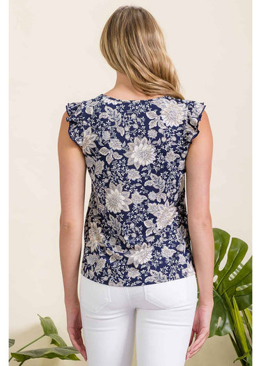 TANK *MISSY* NAVY TAUPE IVORY FLORAL KEYHOLE RUFFLE