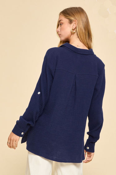 TOP *MISSY* PINK WAVE COASTAL NAVY BTON DOWN DUSTR