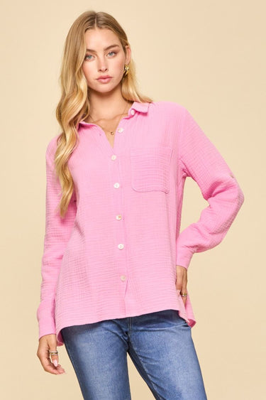 TOP *MISSY* PINK WAVE COASTAL NAVY BTON DOWN DUSTR