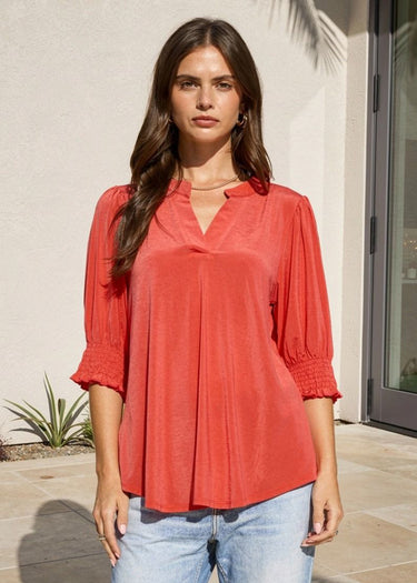 TOP *MISSY* LIZZY SMOCK SOLID 3/4 SLEEVE 5 COLORS