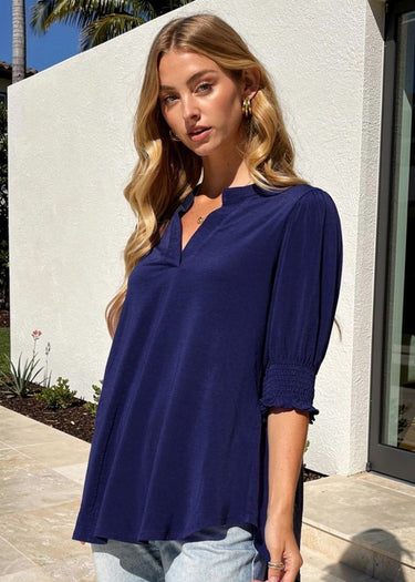 TOP *MISSY* LIZZY SMOCK SOLID 3/4 SLEEVE 5 COLORS